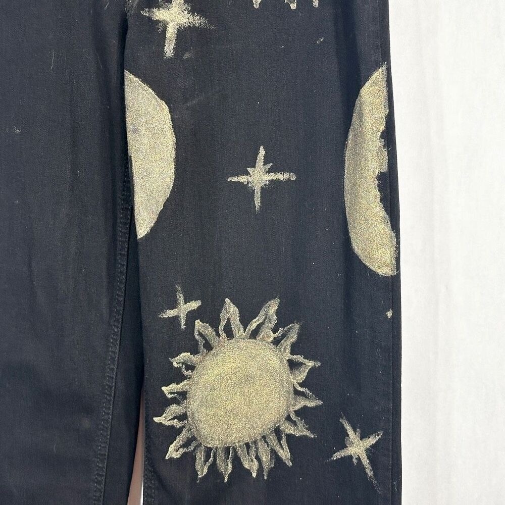 Time Tru Sz 4 Jeans Black Straight Hand Painted Gold Lunar Sun Witch Grunge 1602 - Picture 11 of 13